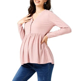 Pbong  Pregnant Women's Summer Simple Natural Solid Color Long Sleeved V-neck Nursing Top Soft and Comfortable Loose Outdoor T-shirt