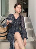 Korean Floral Print Sweet Long Dress 2025 New V-neck Ruffle Chic Spring Dress Lantern Sleeve Slit Fashion Vacation Summer Dress