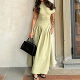 Pbong  Patchwork Pleated Maxi Dress Women's Black Half-turtleneck Short Sleeve High Waist Chic Elegant Office Street Dress