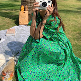 Pbong  Summer New Women's Short Sleeved Retro Printed Long Skirt Women's Casual Floral Skirt Women's Loose Green Dress