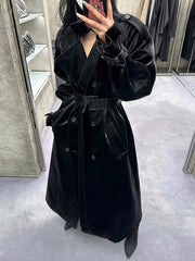 Spring Autumn Extra Long Oversized Cool Reflective Shiny Black Paten Leather Trench Coat for Women Belt Runway Fashion