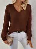 Long Sleeve Pointelle Knit Top Pullovers Women Sweater Openwork Long Sleeve V-neck Jumper Fall Winter Blusas Para Mujer Outfit