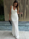 Knitted V-neck Elegant Long Dress Sexy Sleeveless Slim Stitching Folds Beach Vacation Female White Dress Knitwear Outfits