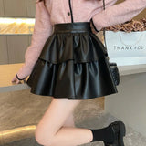 Pbong  Black PU Leather Pleated Skirts Female Korean Cute Ruffles Cascading Cake Skirts Women High Waisted Slimming Puffy A-Line Skirt