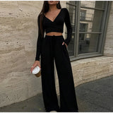 Pbong  V-Neck Cropped Waist  Top Wide Leg Pants Set Slim Long Sleeve Summer Elegant Women Two-Piece Suit Chic Office Lady Outfit