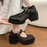 Pbong  Women's Mesh Ankle Buckle Mary Jane Sandals Summer Black Patent Leather Thick High Heels Roman Sandals Woman Soft Platform Pumps
