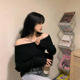 Off Shoulder Tops for women Long Sleeve Elegant Knitted Sweater Sexy Pullovers Y2k Clothing Korean Style White Black Grey