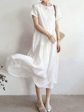 Pbong  Summer New Women's Short Sleeve Linen Dress Comfortable Casual Cotton Linen Midi Skirt Commute Artistic Style Loose Waist