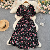 Pbong  Women Dress Fashion Romantic Floral Print Drawstring Waist Long Summer Dress Vacation Korean Party Vestidos