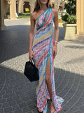 Pbong  Colorful Print Dresses for Women Diagonal Collar Spliced Hollow Out Sleeveless High Waist Split Dress Female Autumn