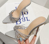 Sexy High Heels Slipper For Women Summer Fashion CRYSTAL Narrow Band Pointed Toe Slides Stripper Party Sandal Mule Shoes