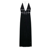 New Fashion Sexy Deep V-neck Hanging Neck Beach Dress Tight Backless Patchwork Hollow Fashion Summer Long Dress 2025 Vestidos