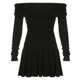 Black Off Shoulder Long Sleeve Pleated Dress