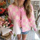 Pbong  Women Pink White Plaid Cardigan Fall Casual Long Sleeve Tie-up Jacket Sweater Daily Street Sweet Cute Knitted Coat Outfits