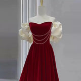 Pbong  Women Off The Shoulder Prom Dress Princess Velvet  Korea Fashion Sweetheart Neck A Line Formal Graduation Evening Party Gown