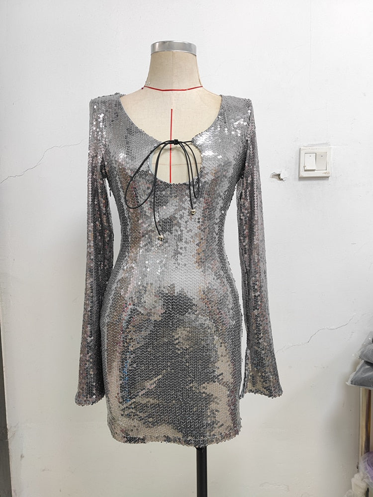 Sexy V Neck Lace-up Sequins Mini Dress Women Silver Gray Sequined Sheer Boaycon Dress Spring Elegant Party Evening Club Dresses
