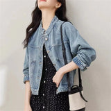 New 2025 Spring Autumn Temperament Retro Women’s Short Cowboy Jacket Stand-up Collar Long-sleeved Ladies Denim Overcoat