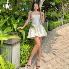 Jacquard White Summer Mini Dresses Women French Style Vintage Sexy A Line Corset Dress N33-