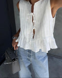 Fashion Bow Lace Up Shirts Women Cotton Linen Hollow Out Sleeveless Pleated Blouses Woman Summer New Casual Lady White Tops