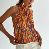 Women Y2k Graphic Print Halter Tank Top Summer Sleeveless Going Out Crop Tops Boho Sexy Backless Vacation Beach Camisoles Vest
