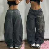 Pbong  American New Fashion Letter Embroidery Stitching Old Baggy Jeans Women Y2K Harajuku  Popular High Waist Wide Leg Trousers