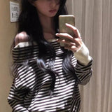 2000s American Vintage Striped Sexy Slash Neck Sweaters Y2k Casual Subculture Korean Fashion Pullovers Harajuku Autumn Jumpers