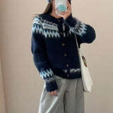 Fair Isle Sweater Cardigan Women Long Sleeve Button-Up Crewneck Knitted Jacket Cardi Female Knitwear Fall Winter Vintage Outfit