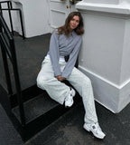 Women's Elegant Silk Sequins Pants, Midi Waist, Loose Long Pants, Classic Trousers, Female Clothing, Fashion, Streetwear,