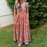 Pbong  Women Cottage Boho Maxi Dress Floral Tie Shoulder Flowy Long Dress Summer Beach Square Neck Ruffle Tiered Sundress