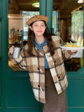 Vintage Faux Woolen Plaid Coat Women Fall Winter Long Sleeve Sweet Jacket Retro Preppy Style Korean Elegant O Neck New Tops