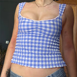 y2k Tops for Women Summer Fairycore Clothing Plaid Print Lace Trim Sleeveless Tanks T Shirts 2000s Clothing Streetwear