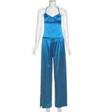 Summer New Casual Pant Sets Female Sexy Plunge Lace Up Backless Vest Top Elastic Waist Trousers Summer Women Solid Suit