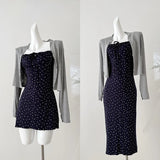 Pbong   Dark Blue Floral Dress Short Sexy Lace-up Bow Squared Collar Mini Dress Korean Chic Hot Girl Summer Beach Spaghetti Strap Dress