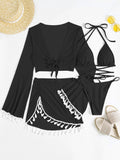 4 Pieces Lace Up Halter Triangle Bikini Swimsuit & Cover Up Top With Skirt Sexy Swimwear Women Bathing Swimming Suit Female