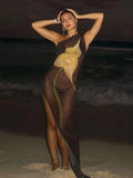 Sexy Sleeveless One Shoulder Printed See Through Mesh Dresses for Women Summer High Slit Slim Black Beach Holiday Dress