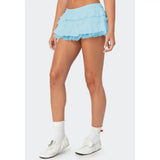 Pbong  Women's Summer Y2K Cute Layered Mini Skort Lace Trim Patchwork Ruffled Layered Tiered Elastic Low Waist A-Line Skirts