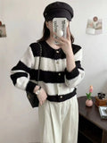 Women's Acrylic Long Sleeve O-Neck Button-Down Striped Cropped Knit Cardigan Ladies Autumn Winter Korean Fashion Knitwear