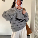 Women's Striped Sweater with Scarf Chunky Knit Loose-fit V-Neck Pullover Striped Jumper Ladies Autumn Winter Classic Chic Outfit