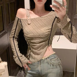 Chic One Shoulder Design Harajuku Vintage Shirts Y2k Aesthetic Constrast Color Striped Women Tops Korean Streetwear Clothes
