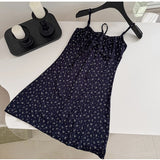 Pbong   Dark Blue Floral Dress Short Sexy Lace-up Bow Squared Collar Mini Dress Korean Chic Hot Girl Summer Beach Spaghetti Strap Dress