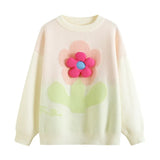 Pbong  Korean Style Lazy Sweet Soft Sweater Women's Autumn Winter New Model 3D Flower Design Knitted Long Sleeve round Neck Pullover
