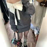 Pbong  2000s French Elegant Pure Color Bow Sweaters Dress Y2k Sweet Slash Neck One Piece Dress Korean Vintage Winter New Warm Tops Chic