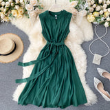 Pbong  Korean Fashion Women Dress Summer Casual Solid Sleeveless Sash Bandage Black Dress Vintage Elegant Lady Vestidos