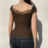 Lace-up Lace Patchwork Y2K Top Short Sleeve Summer Casual Cute Clothes Vintage Tank Tops Coquette T-shirt Women Tees
