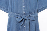 Turn Down Collar Belt Denim Long Dress 2025 New Single Breasted Fashion Women Dress A-line High Waist short sleeve Summer Dress
