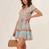 Pbong  Floral Boho Mini Dress Vintage Casual Summer Women Dress Flare Sleeve V-neck Button Front Ladies Chic Female Dress New