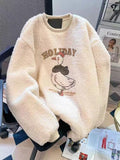 Cute Cartoon Faux Lamb Sweatshirts Women Loose Cute Long Sleeve Warm Pullover Japan Sweet O Neck Fashion Letter Tops New