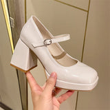 Pbong  Vintage Chunky High Heels Mary Jane Shoes for Women Patent Leather Platform Pumps Woman Square Toe Thick Heel Black Lolita Shoes