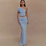 Solid Slim Long Skirt Suit For Women Slanted Shoulder Tank Top Sexy Ruched Splice High Waist Skirt Sets Summer New Ladies