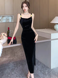 Black Velvet Backless Sexy Sling Slit Long Dress for Women Autumn Winter Elegant Dance Party Dress 2023 Korean Vintage Vestidos